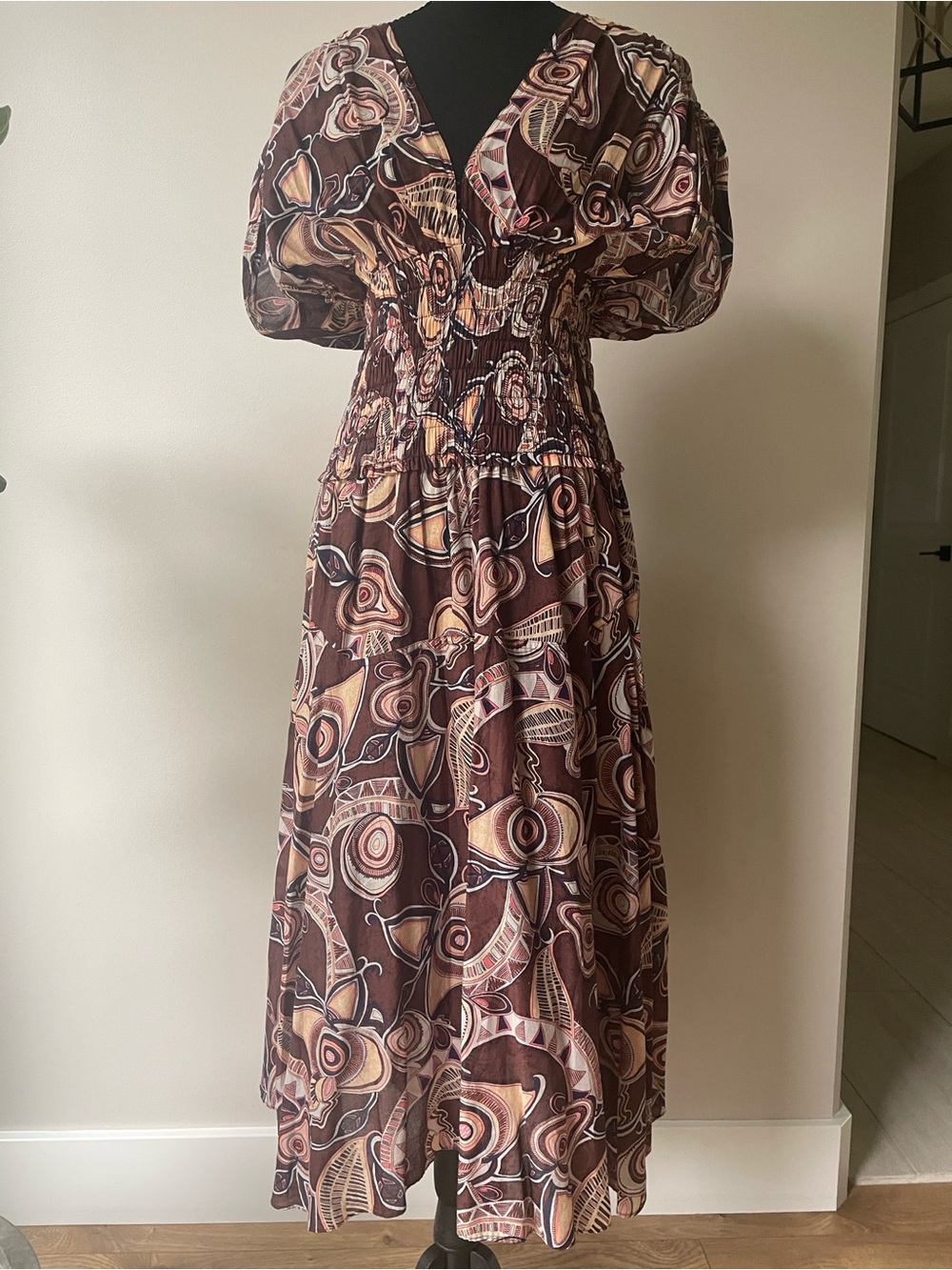 A.L.C. Lucia Floral chocolate Midi Dress with Puff Sleeves